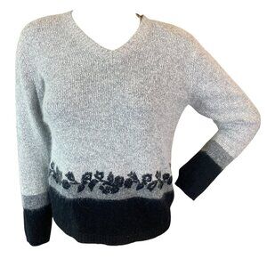 VTG Garland Super Soft Silk Angora Blend V-Neck Sweater Gray/Black Sz M #289P